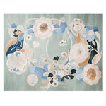Top view of an Abstract Bloom Flow hand-tufted area rug, featuring a soft floral design in pastel colors. This large wool rug is perfect for adding an elegant touch to living rooms.