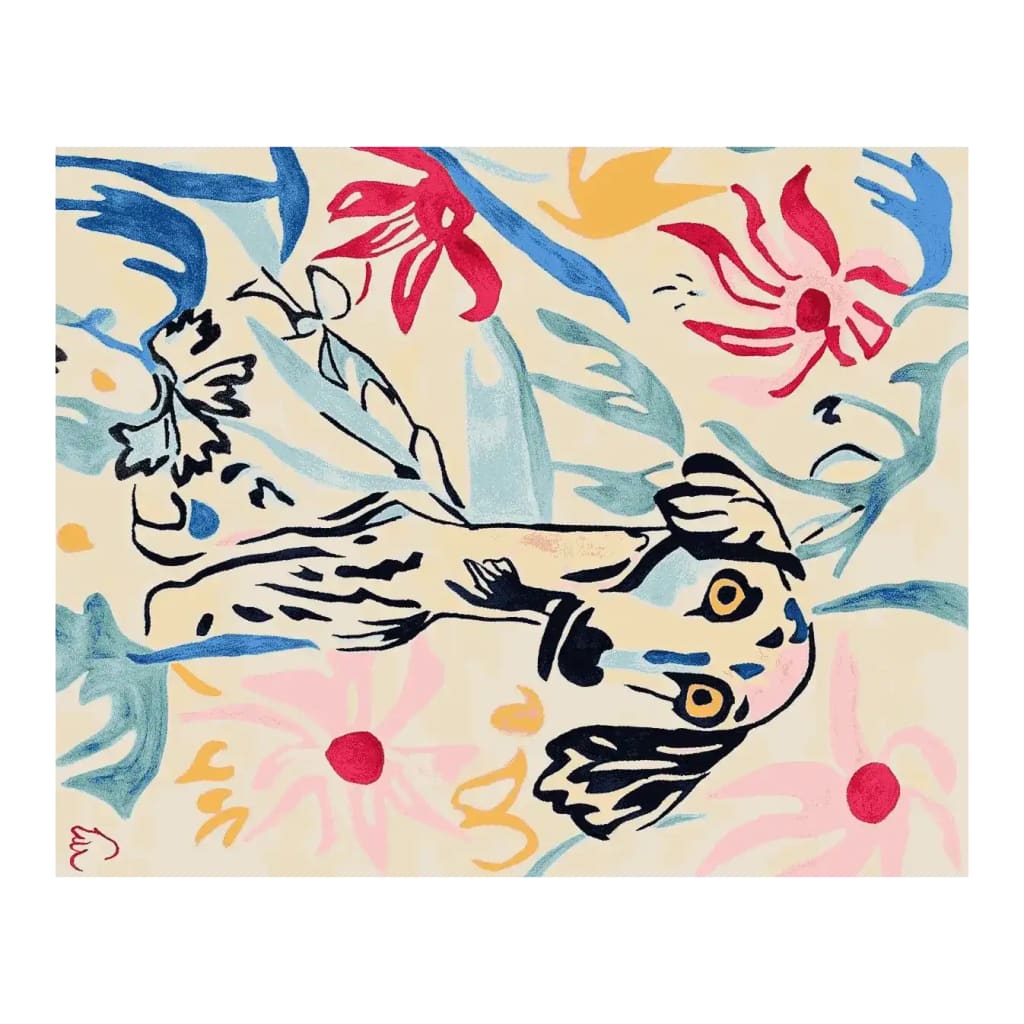 Vibrant Abstract Bloom Story Hand Tufted Area Rug featuring colorful floral patterns and artistic brush strokes, perfect for adding a splash of color to your living room. This wool rug in an 8x10 size showcases bold red, blue, and yellow accents on a soft beige background.