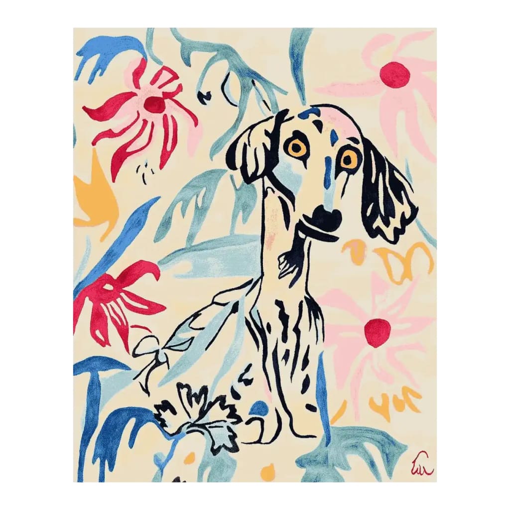 A vibrant area rug featuring an abstract design with colorful blooms and a whimsical animal motif. This wool rug is ideal for adding a playful touch to your living room decor. Perfectly sized for living room rugs 8x10, it offers both style and comfort.