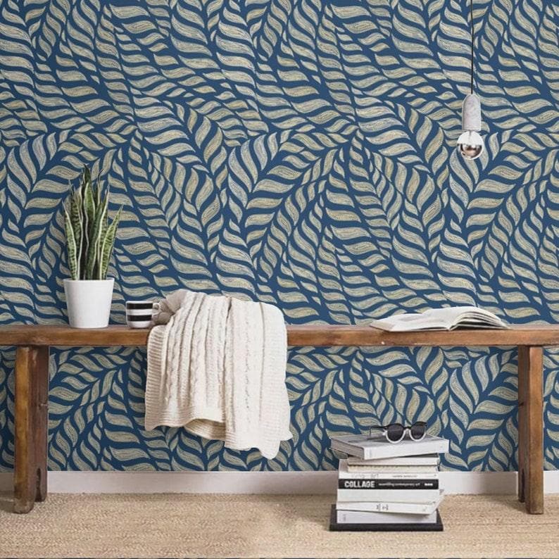 Abstract Blue Leaves Wallpaper Mural