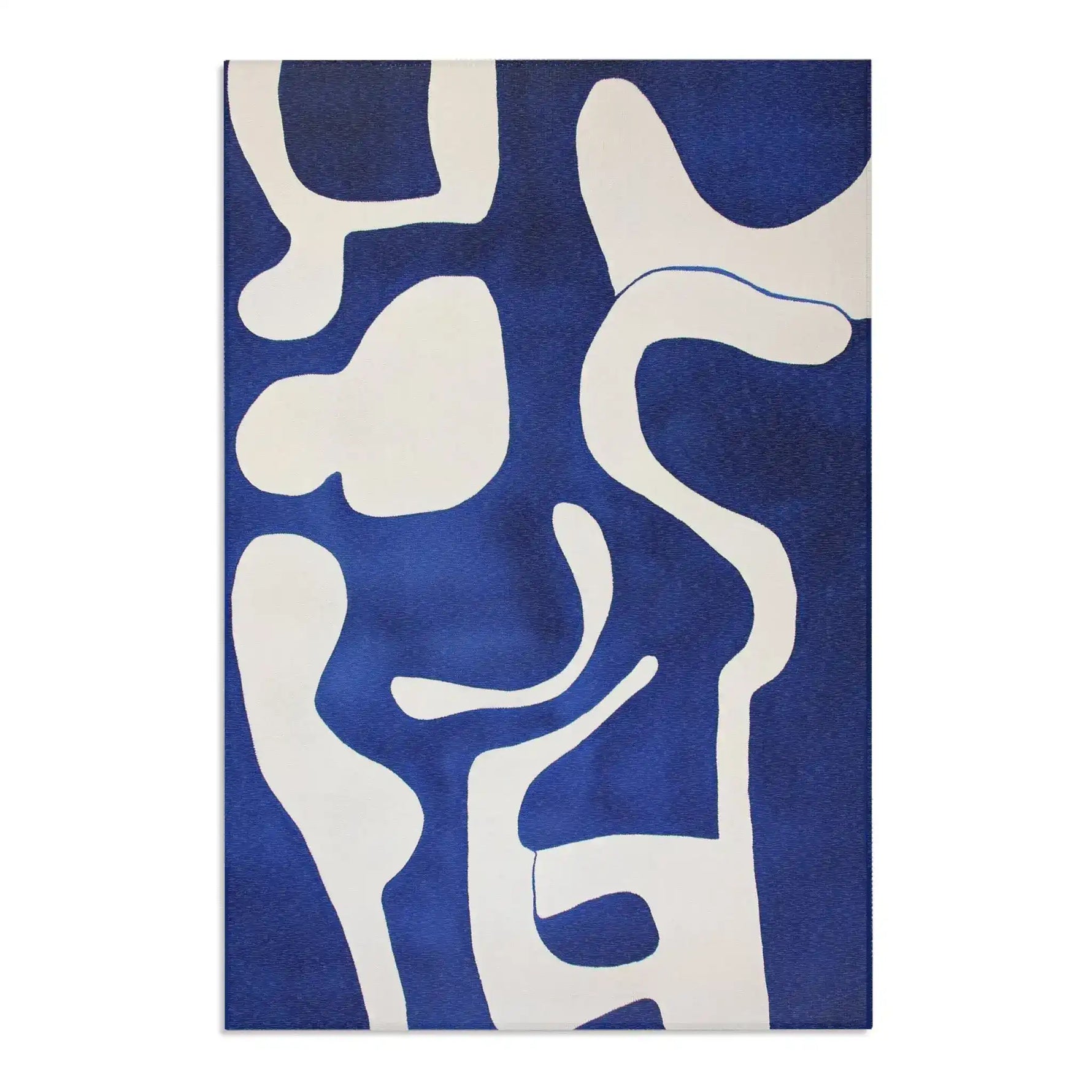 Abstract Blue and White Geometric Rug flat lay size variant, cobalt blue field with large sweeping cream white abstract shapes