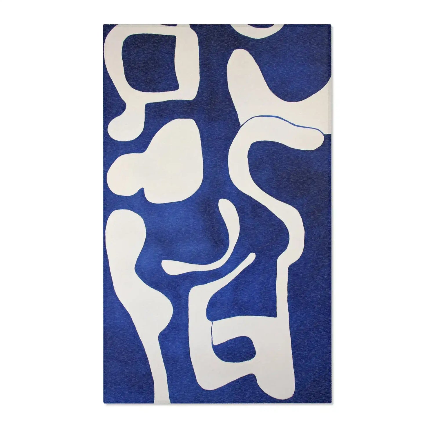 Abstract Blue and White Geometric Rug flat portrait, deep cobalt blue with large interconnected white organic amoeba shapes