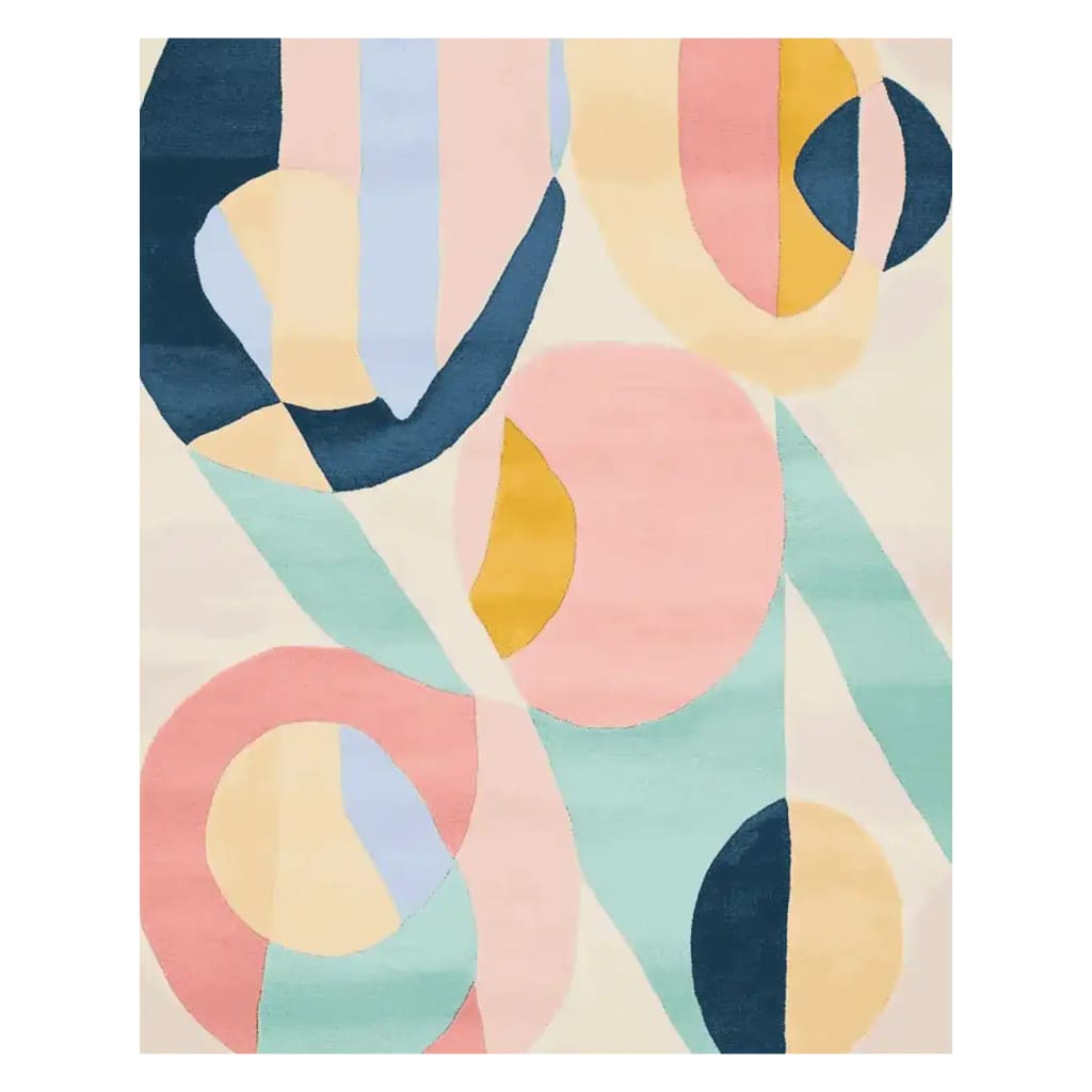 Vibrant abstract color motion hand-tufted area rug featuring a blend of pink, blue, and yellow shapes. Perfect for adding a contemporary touch to any living room, this wool rug showcases a modern design that enhances interior aesthetics.