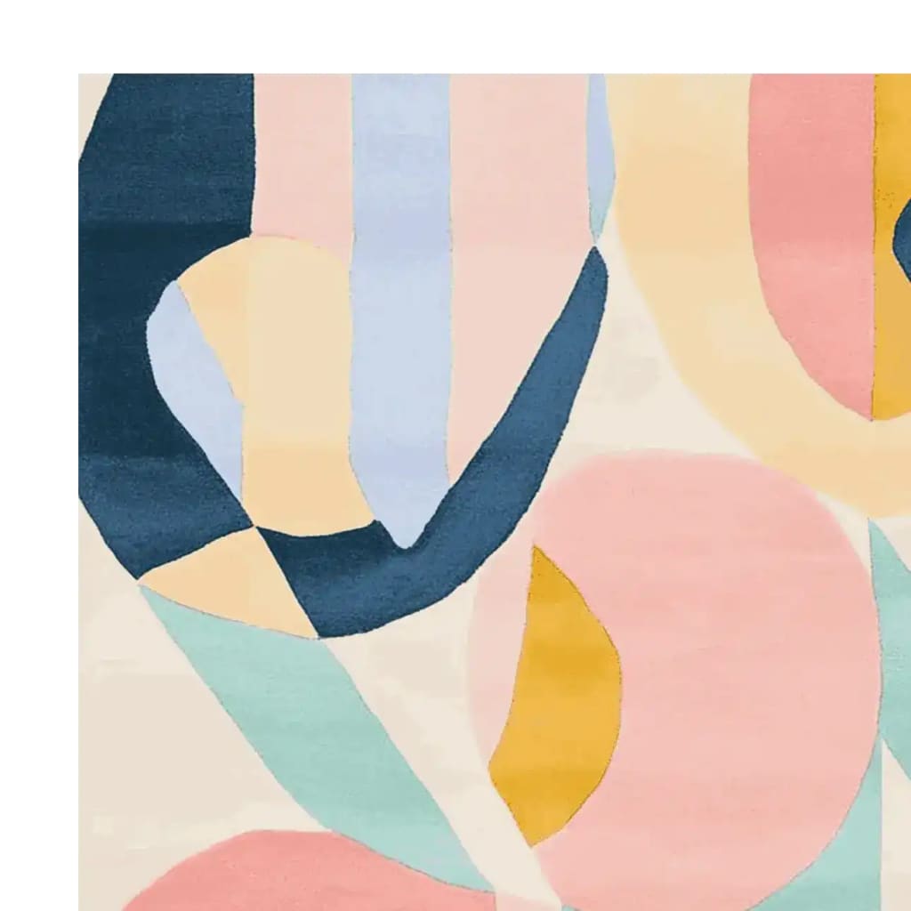 A vibrant abstract color motion hand tufted wool area rug, perfect for contemporary living rooms. This close-up showcases a blend of pastel hues like blue, pink, and yellow, creating a modern and artistic design.