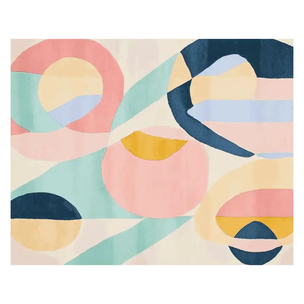 Vibrant abstract design of a hand-tufted wool area rug, perfect for adding contemporary flair to your living room. The rug features colorful geometric patterns in pastel shades, making it a standout piece among area rugs for living room decor.