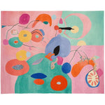 Vibrant Abstract Delight Hand Tufted Area Rug featuring swirling patterns in pink, orange, and blue. This contemporary rug is perfect for adding a splash of color to your living room. Crafted from wool, it offers a cozy feel and measures 8x10, making it an ideal choice for rugs for living room spaces.