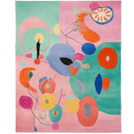 A vibrant Abstract Delight Hand Tufted Area Rug featuring bold, colorful shapes and patterns, perfect for adding a touch of modern flair to living rooms. This contemporary wool rug in an 8x10 size showcases a playful mix of pink, orange, blue, and green hues, ideal for those seeking unique rugs for their living room.