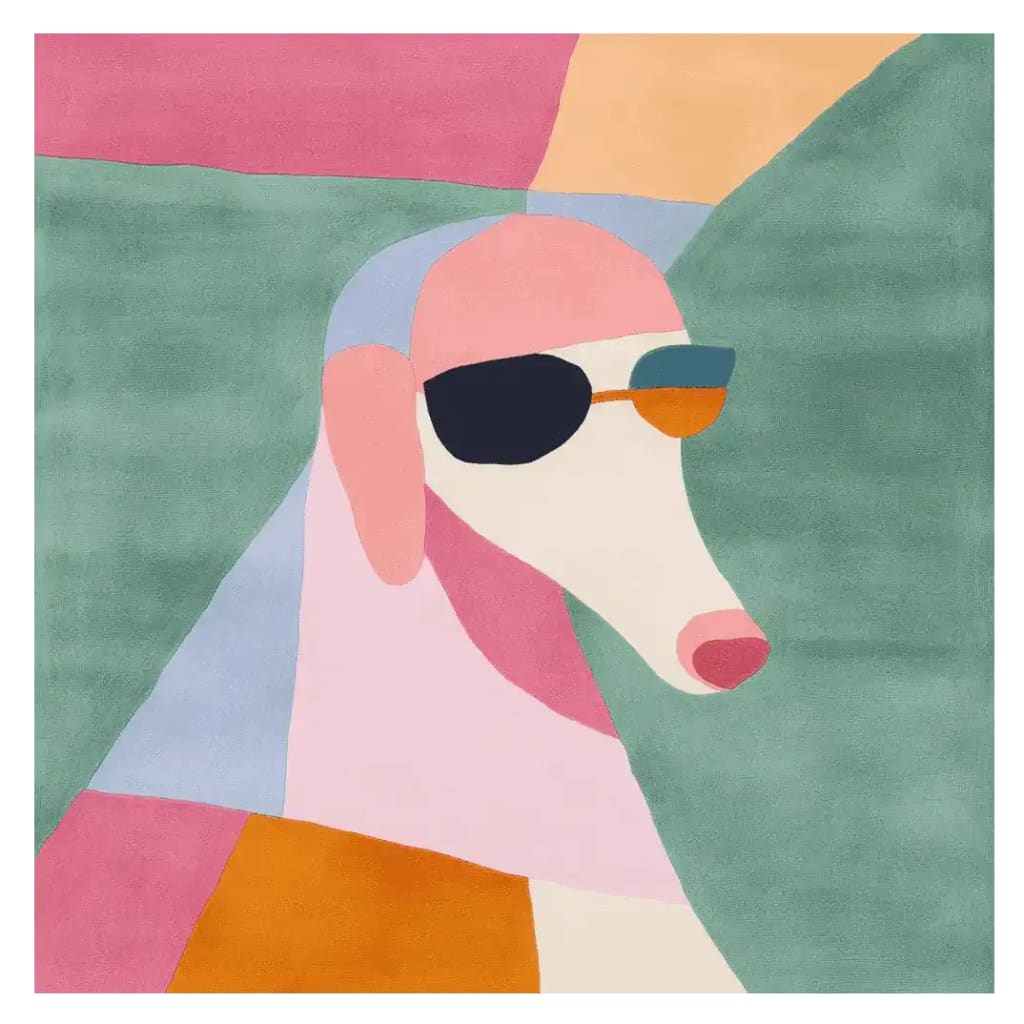 A vibrant and contemporary hand-tufted area rug featuring an abstract design of a dog wearing sunglasses. The square area rug showcases a playful mix of pastel colors, making it a perfect wool rug for a stylish living room.