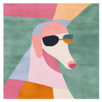 A vibrant and contemporary hand-tufted area rug featuring an abstract design of a dog wearing sunglasses. The square area rug showcases a playful mix of pastel colors, making it a perfect wool rug for a stylish living room.