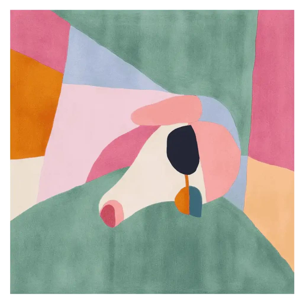 This vibrant hand-tufted area rug features an abstract design of a dog's face in a blend of pastel colors including pink, green, and orange. Perfect as a square area rug for a contemporary living room, this wool rug combines art and functionality.