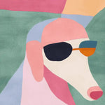 This image showcases a contemporary hand-tufted wool rug featuring an abstract dog design in vibrant colors. The square area rug combines shades of pink, green, and blue, creating a striking visual for modern living rooms. Perfect as an area rug for adding a playful touch to your space.