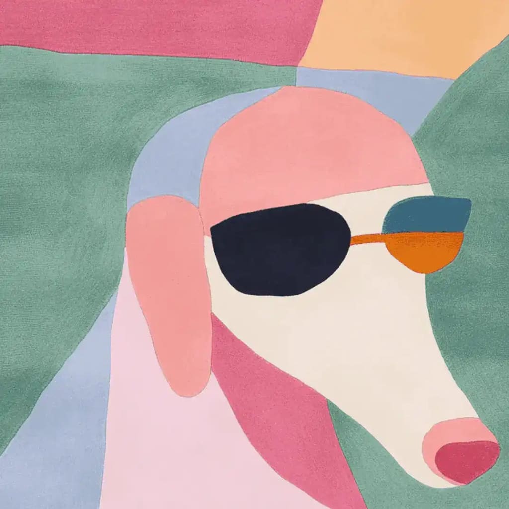 This image showcases a contemporary hand-tufted wool rug featuring an abstract dog design in vibrant colors. The square area rug combines shades of pink, green, and blue, creating a striking visual for modern living rooms. Perfect as an area rug for adding a playful touch to your space.