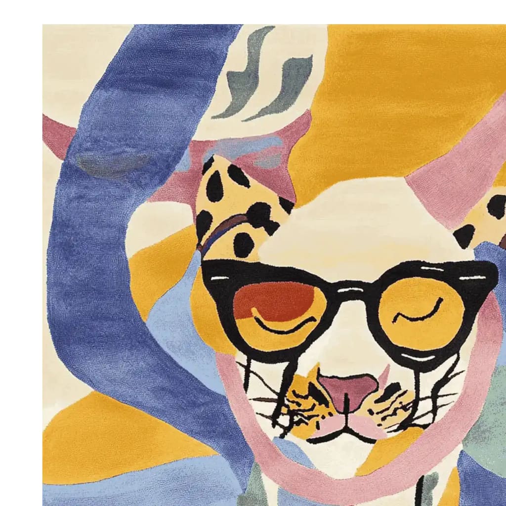 A vibrant hand-tufted area rug featuring an abstract design of a cat wearing glasses. The rug showcases bold colors like blue, yellow, and pink, adding a playful touch to any room decor.