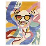 A vibrant hand-tufted area rug featuring an abstract design of a leopard wearing glasses, surrounded by colorful, flowing shapes in shades of blue, pink, and yellow. This playful and artistic rug adds a touch of whimsy to any room.