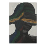 Abstract Duality Flowing Contrast Rug flatlay showing dark figure silhouette with brimmed hat and golden horizontal accent on light grey