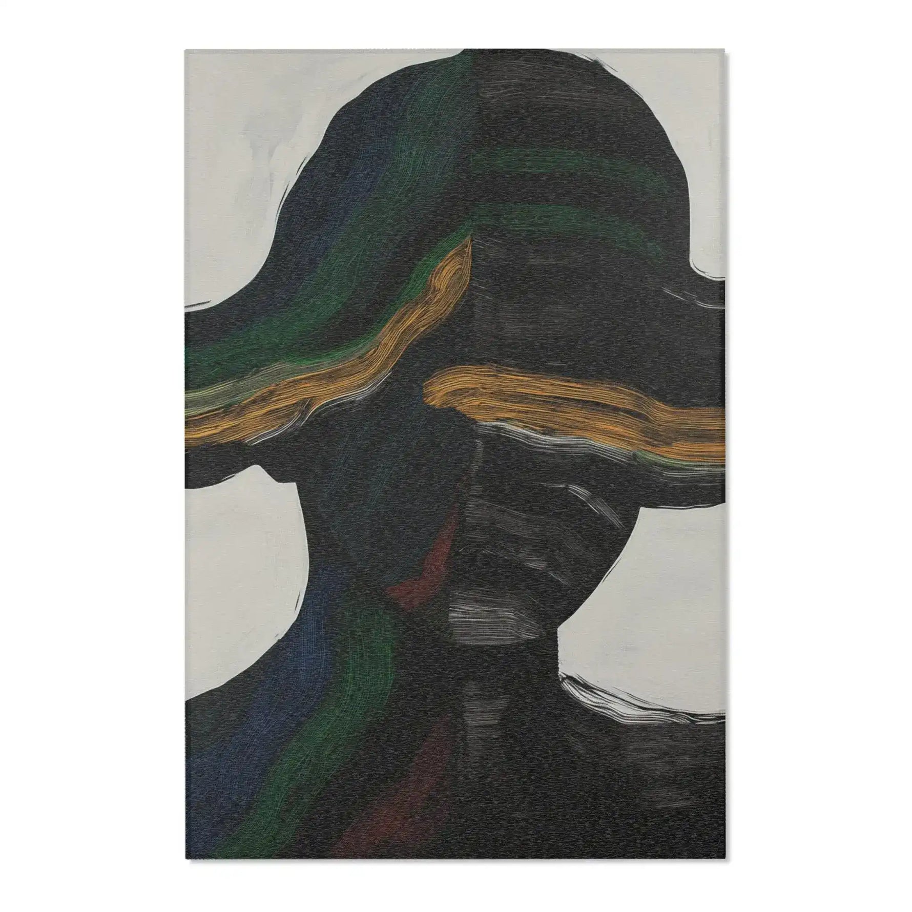 Abstract Duality Flowing Contrast Rug flatlay showing dark figure silhouette with brimmed hat and golden horizontal accent on light grey