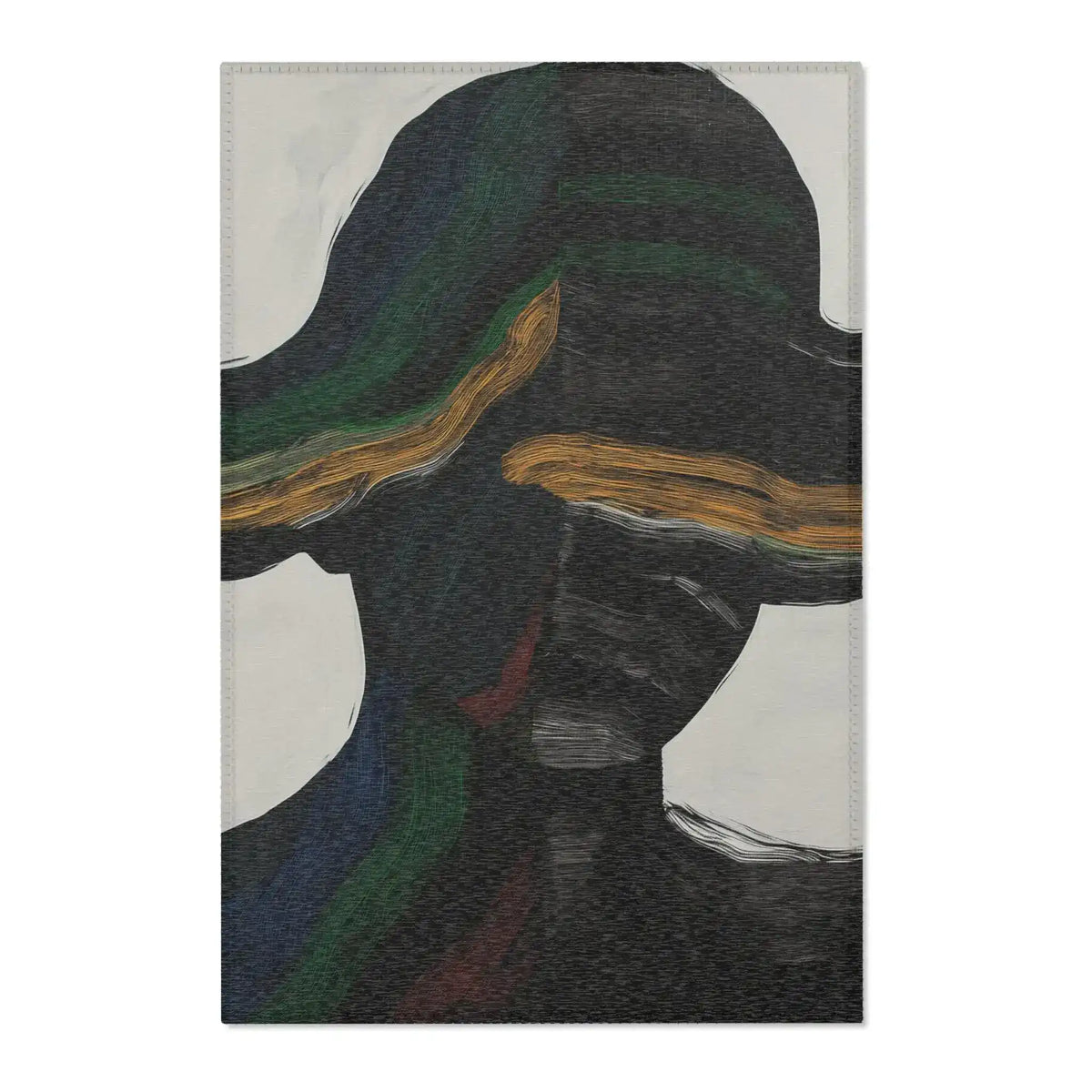 Abstract Duality Flowing Contrast Rug flatlay with grommet header, dark abstract figure with wide brim hat and gold brushstroke on grey ground
