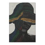 Abstract Duality Flowing Contrast Rug flatlay with grommet header, dark abstract figure with wide brim hat and gold brushstroke on grey ground