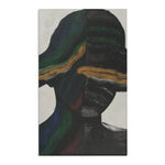 Abstract Duality Flowing Contrast Rug flatlay, dark charcoal print with green and gold brushstroke on grey anti-slip backing — small size front