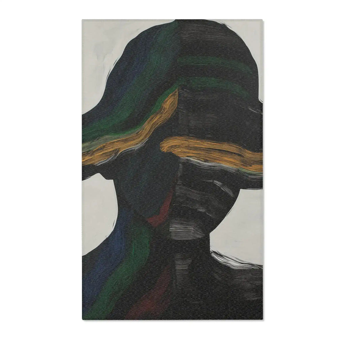 Abstract Duality Flowing Contrast Rug flatlay on white, dark silhouette figure with hat and gold stripe on grey-cream background