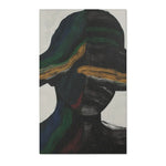 Abstract Duality Flowing Contrast Rug flatlay on white, dark silhouette figure with hat and gold stripe on grey-cream background
