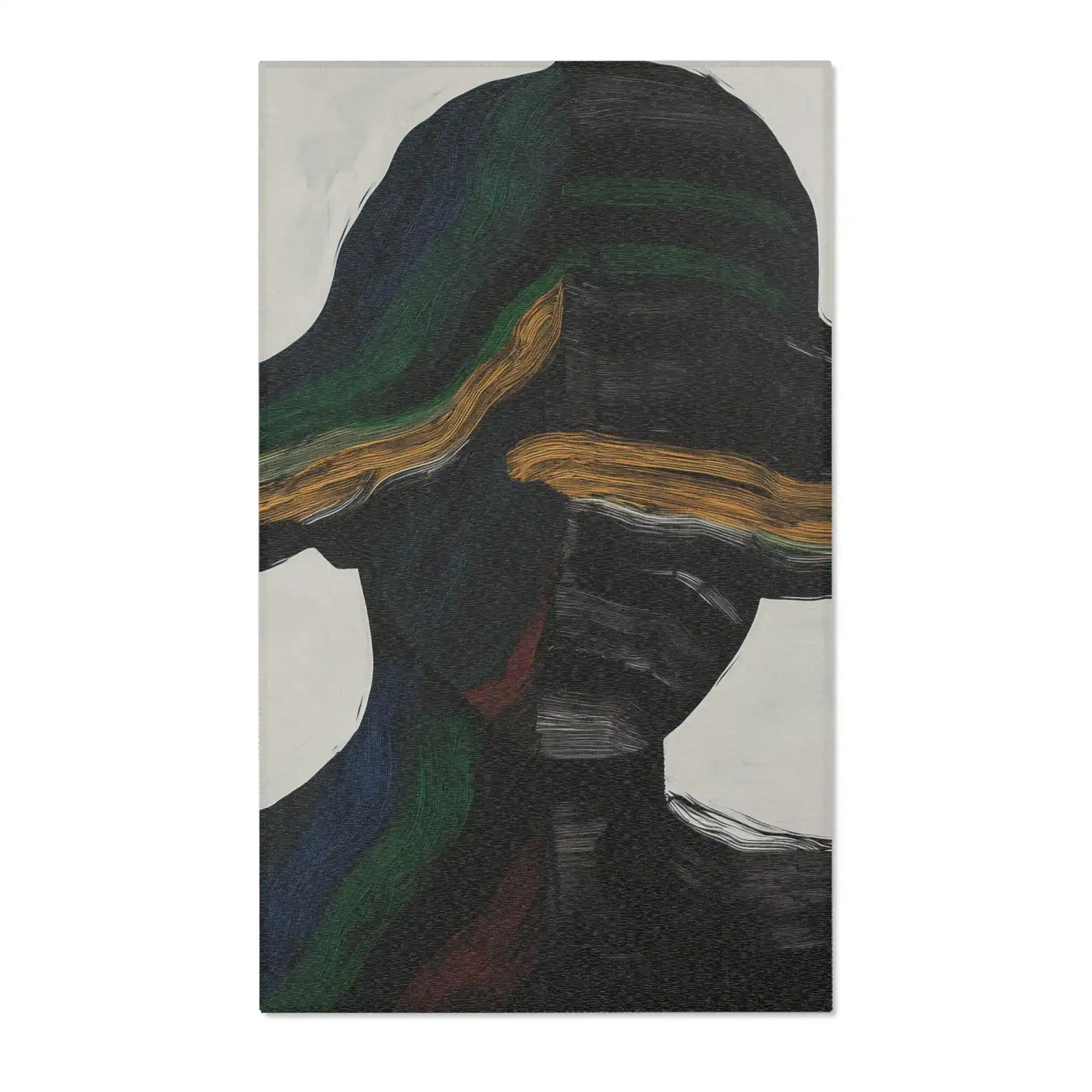 Abstract Duality Flowing Contrast Rug flatlay on white, dark silhouette figure with hat and gold stripe on grey-cream background