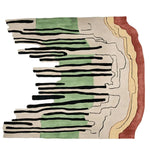 Top view of an Abstract Earth Pulse Hand Tufted Area Rug, showcasing a unique design with flowing black lines over shades of green, cream, and earthy tones. Perfect for those seeking contemporary rugs for living rooms, this wool rug adds a modern touch.