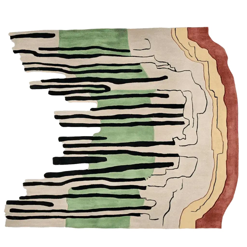 Top view of an Abstract Earth Pulse Hand Tufted Area Rug, showcasing a unique design with flowing black lines over shades of green, cream, and earthy tones. Perfect for those seeking contemporary rugs for living rooms, this wool rug adds a modern touch.