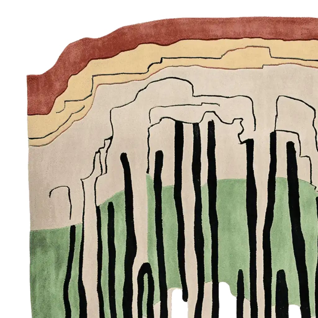 Top view of the Abstract Earth Pulse Hand Tufted Area Rug showcasing a unique design with earthy tones and bold black lines. Perfect for adding a contemporary touch to any living room. This wool rug is an excellent choice for those seeking stylish living room area rugs.