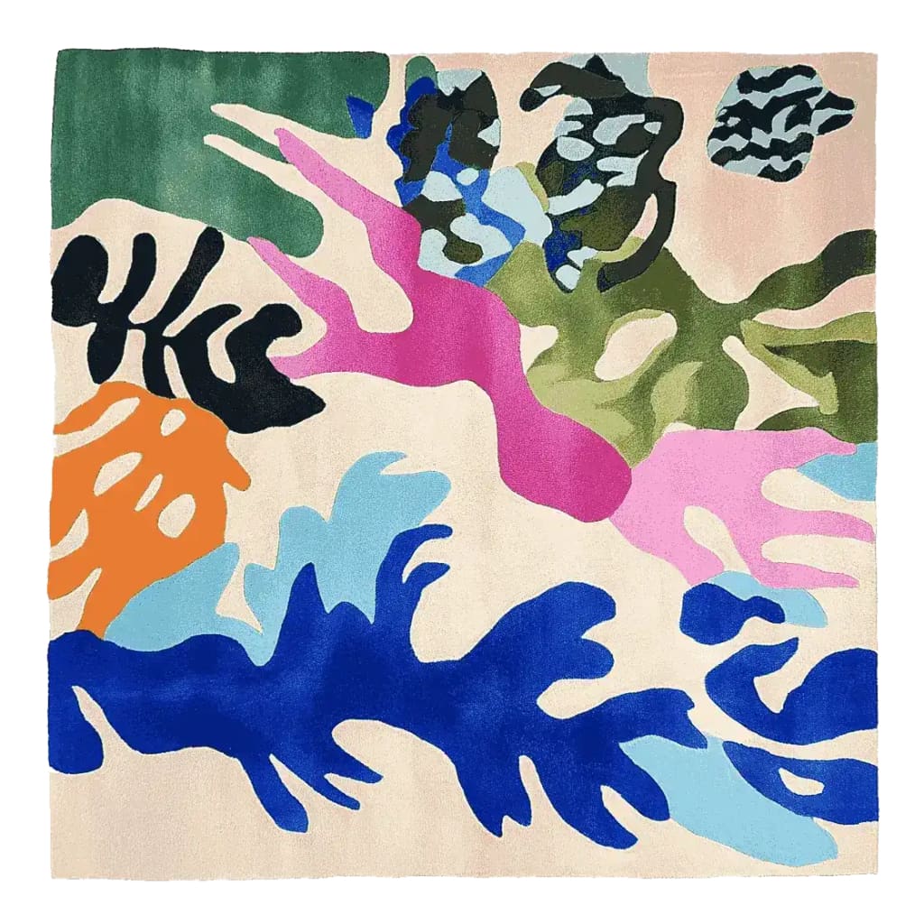 Top view of the Abstract Eden Bloom Hand Tufted Area Rug showcasing a vibrant mix of colors like blue, pink, green, and orange in an abstract pattern. This square wool rug adds a contemporary touch to any large living room, making it an ideal choice for those seeking stylish area rugs for living room decor.