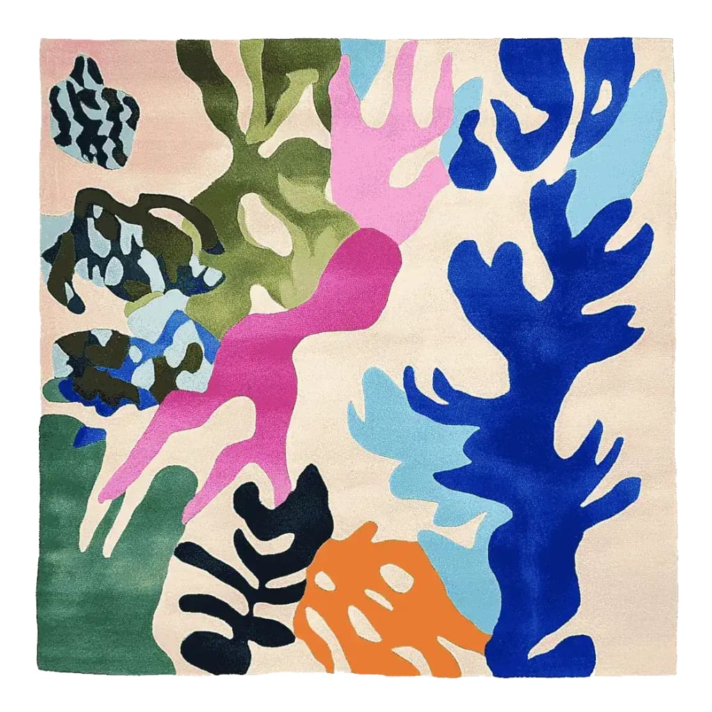 Vibrant Abstract Eden Bloom Hand Tufted Area Rug featuring a dynamic mix of colors and shapes. Perfect for adding a contemporary touch to your living room, this square wool rug showcases bold patterns in blue, green, pink, and orange, ideal for large living room spaces.