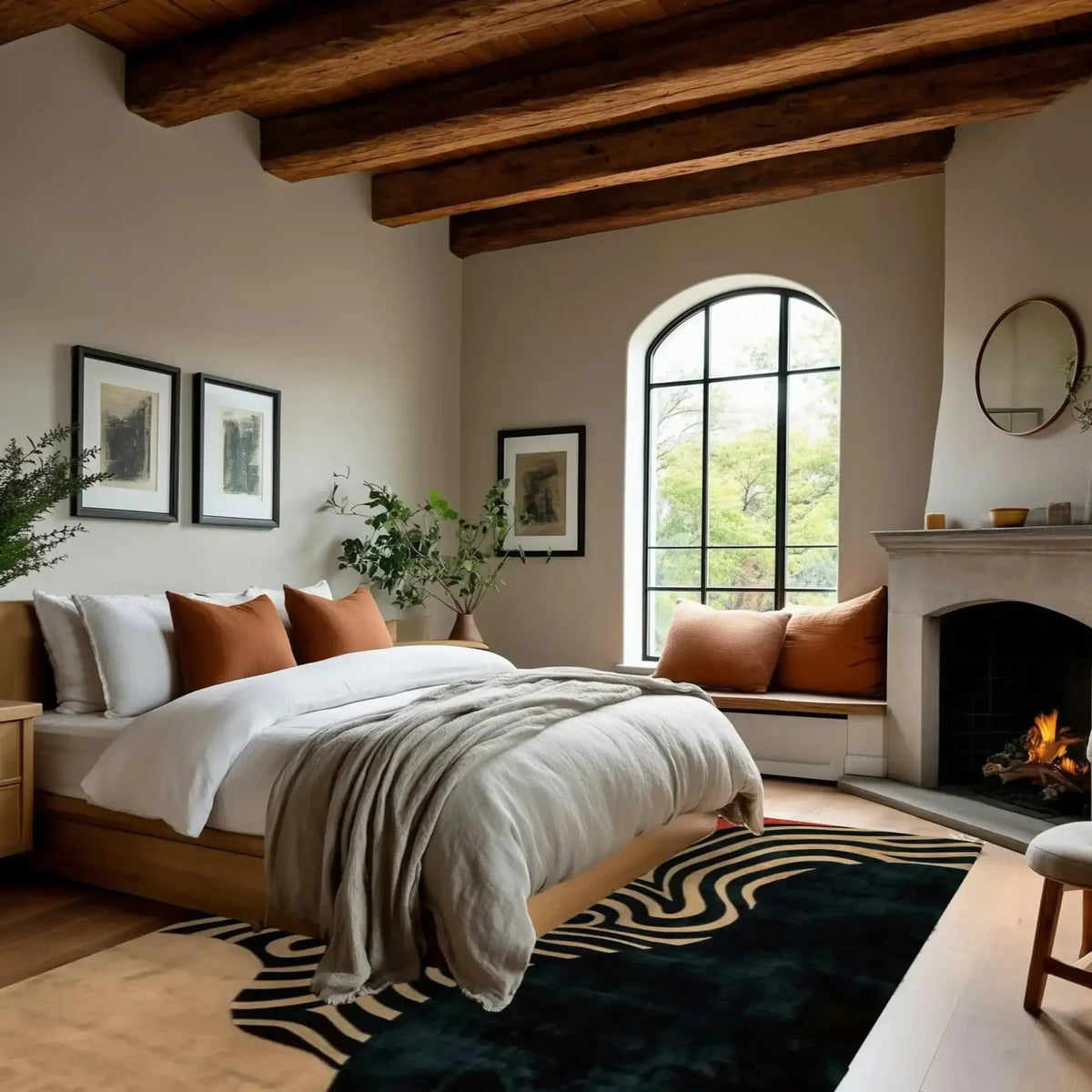 Abstract ember tufted wool rug at foot of bed in rustic room with teal ground and cream-black stripe swirl