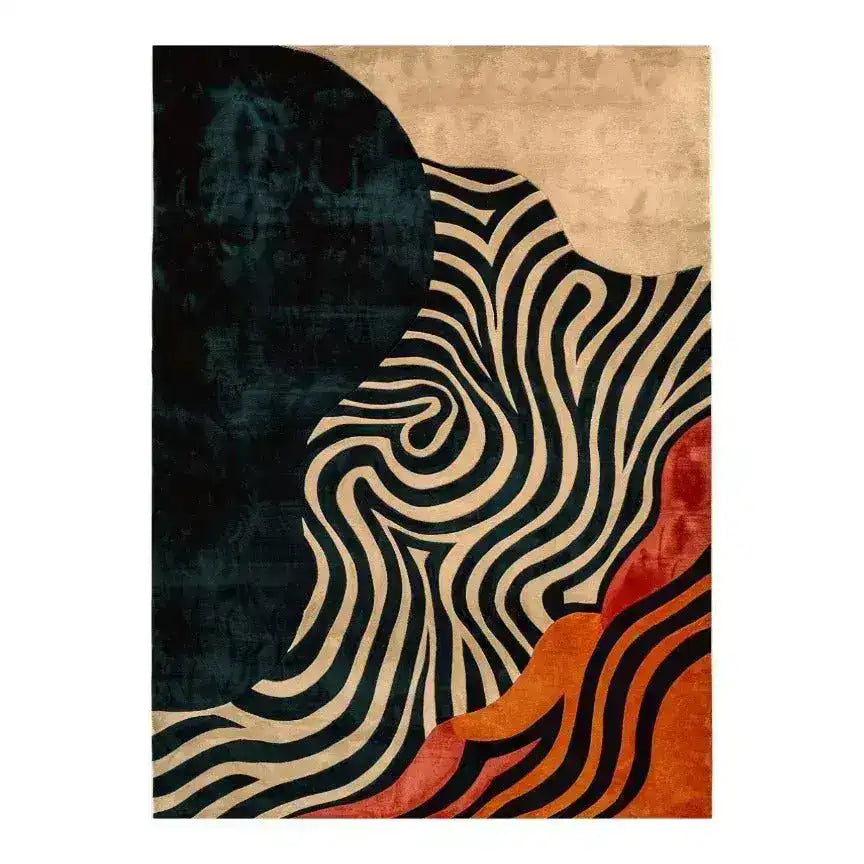 Abstract ember tufted wool rug flat view with teal block, cream-beige top, spiraling black-cream center, rust wave