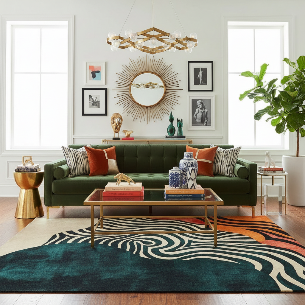 Abstract ember tufted wool rug in green-sofa living room with teal ground, cream-black spiral and rust-orange accent