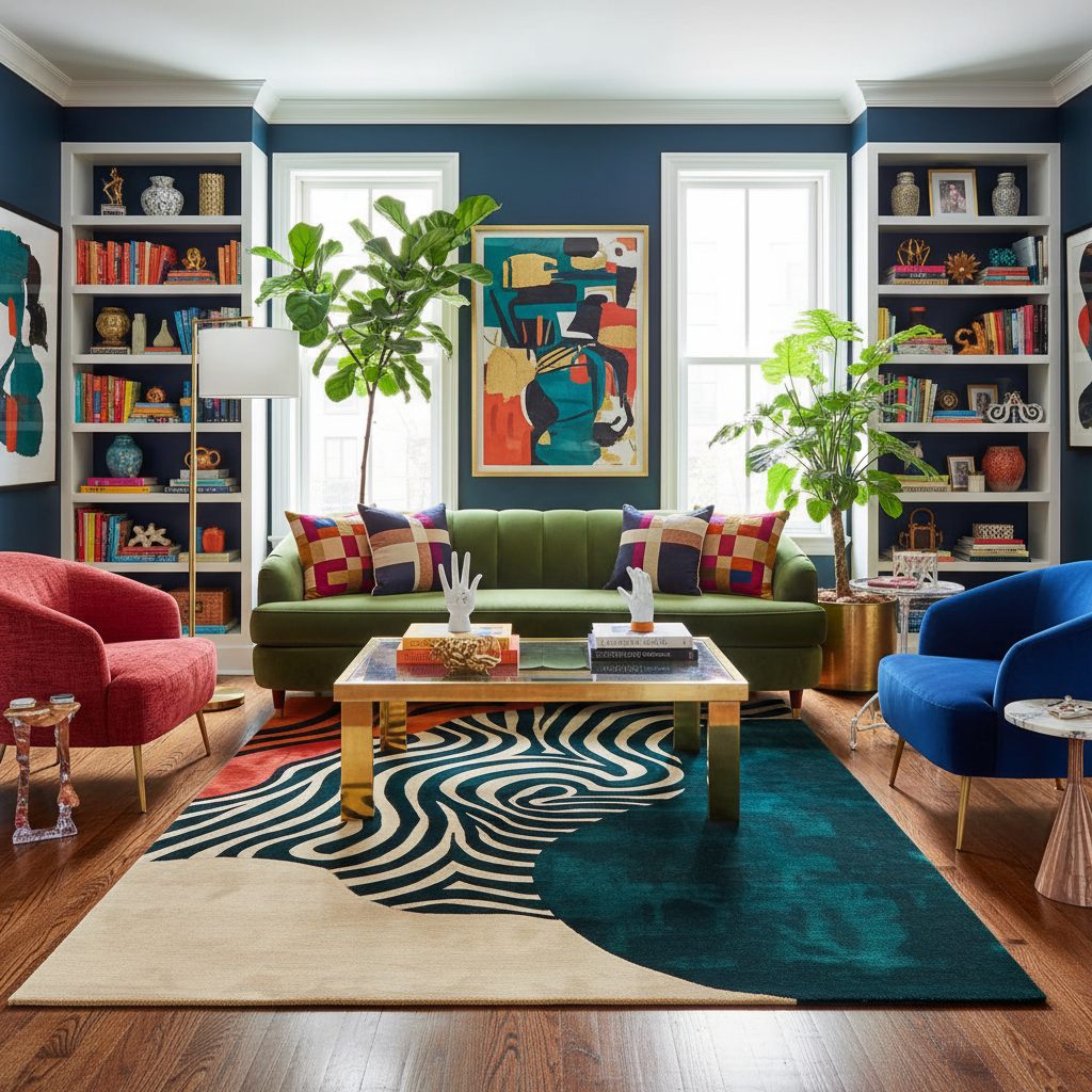Abstract ember tufted wool rug in navy library room with teal base, bold cream-black swirl and rust-beige corner