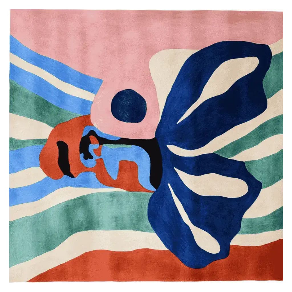 A vibrant, hand-tufted abstract face canvas wool rug, featuring bold colors and dynamic shapes. Ideal as a contemporary square area rug, perfect for adding a touch of modern art to your living room area rugs collection.