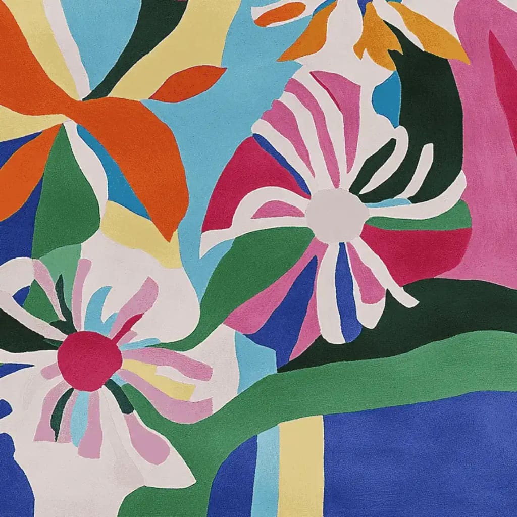A vibrant Abstract Flora Flow Hand Tufted Area Rug showcasing a colorful floral design with bold hues of orange, pink, blue, and green. Ideal for those seeking contemporary rugs for living rooms, this square wool rug adds a splash of artistic flair, perfectly complementing modern interiors.