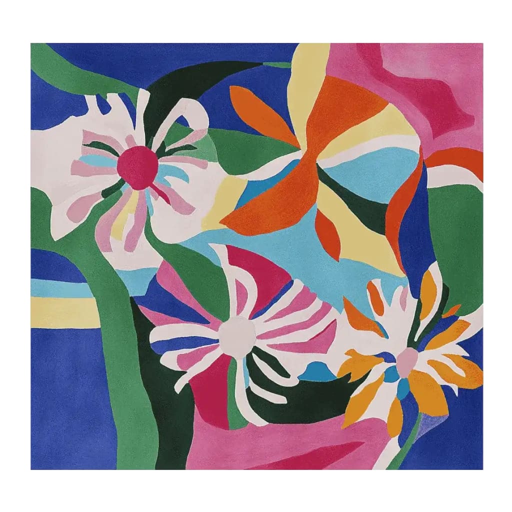 Vibrant abstract flora flow hand tufted area rug featuring bold colors and floral patterns. Perfect for adding a contemporary touch to living rooms. This square wool rug combines rich hues of blue, orange, green, and pink, making it an ideal choice for those seeking stylish rugs for living room spaces.