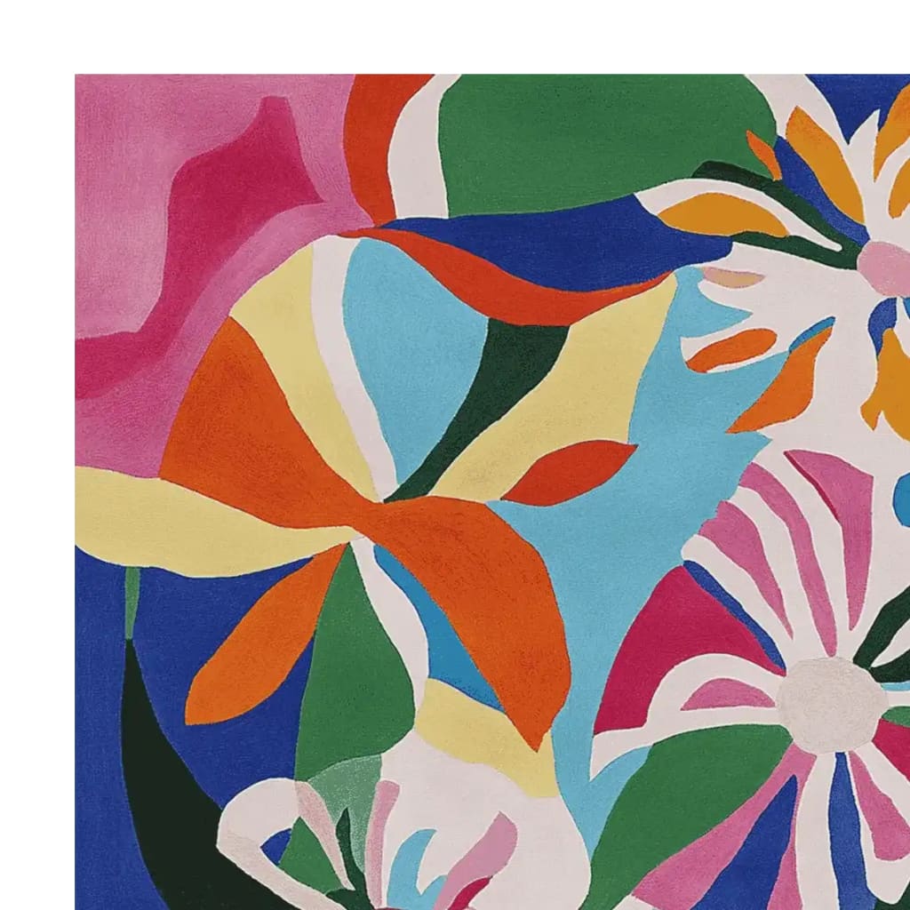 Vibrant Abstract Flora Flow Hand Tufted Area Rug featuring bold floral patterns in a mix of pink, orange, green, and blue hues. Ideal for adding a contemporary touch to your living room, this square wool rug brings a splash of color and artistry to any space. Perfect choice for those seeking unique rugs for living room decor.