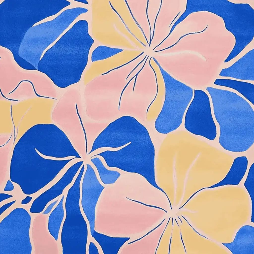 Vibrant abstract floral bloom design on a hand-tufted area rug, featuring bold blue, pink, and yellow hues. Perfect for adding a splash of color to any room.