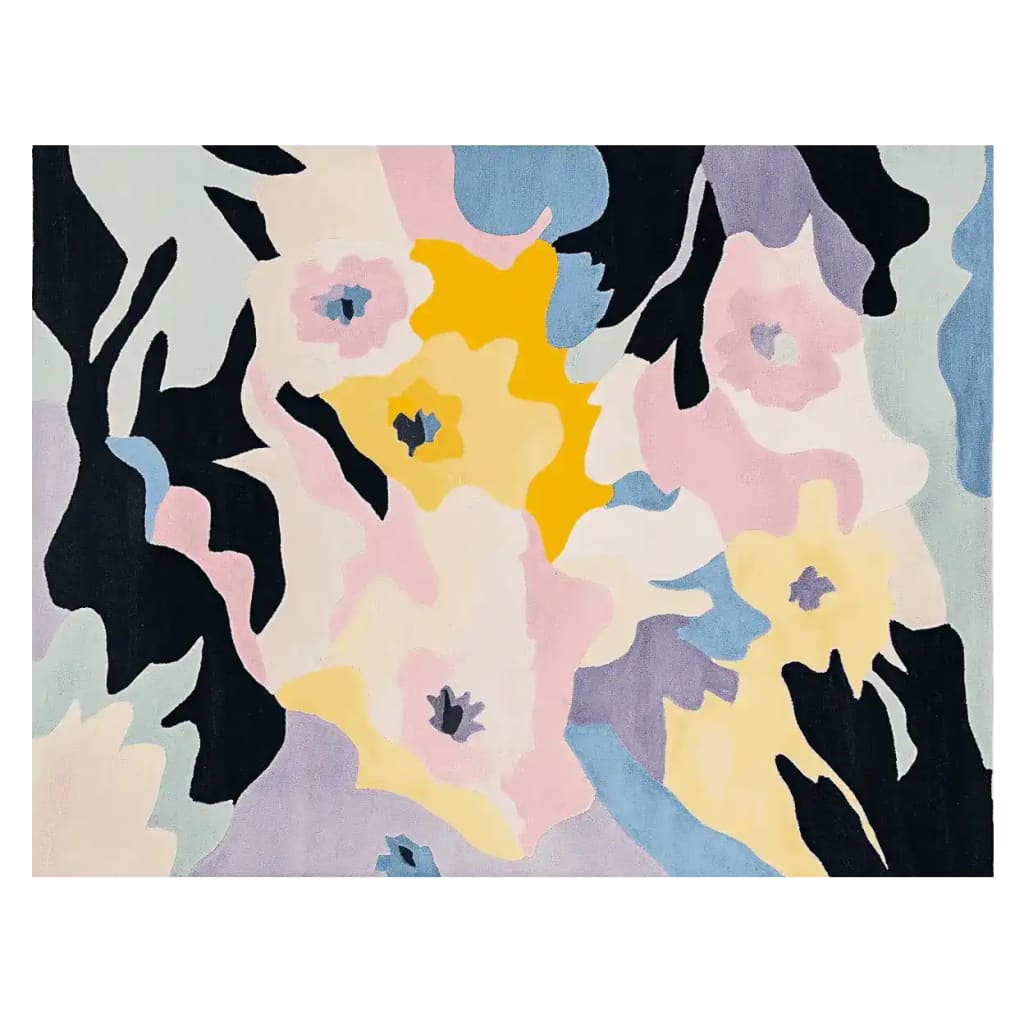 A vibrant Abstract Floral Rhythm Hand Tufted Area Rug featuring a contemporary design with bold floral patterns. This wool rug showcases a mix of pastel and dark colors, perfect for adding a modern touch to area rugs for living room spaces.