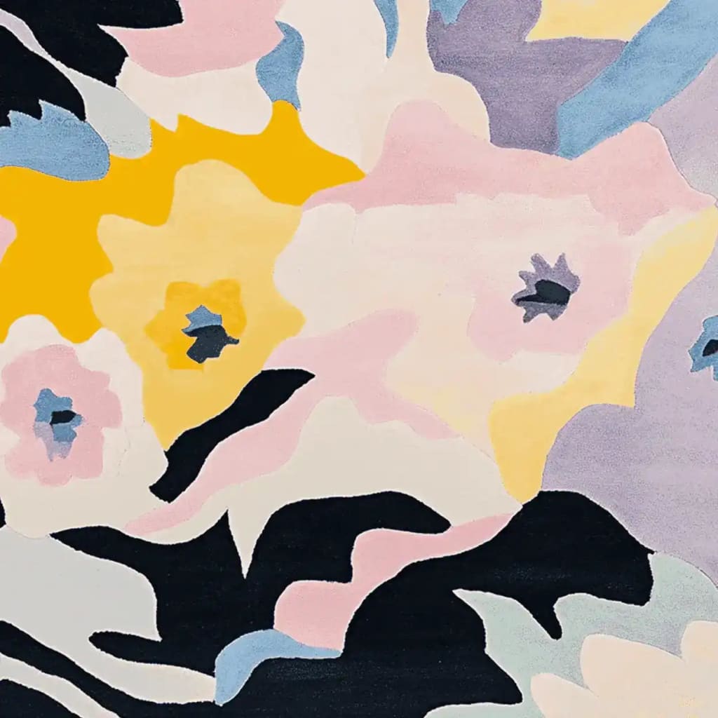 Vibrant abstract floral design on a contemporary hand-tufted area rug, showcasing a blend of pastel pinks, blues, and bold yellows, ideal for modern living rooms. This wool rug combines artistic flair with functionality, enhancing any space with its unique pattern.