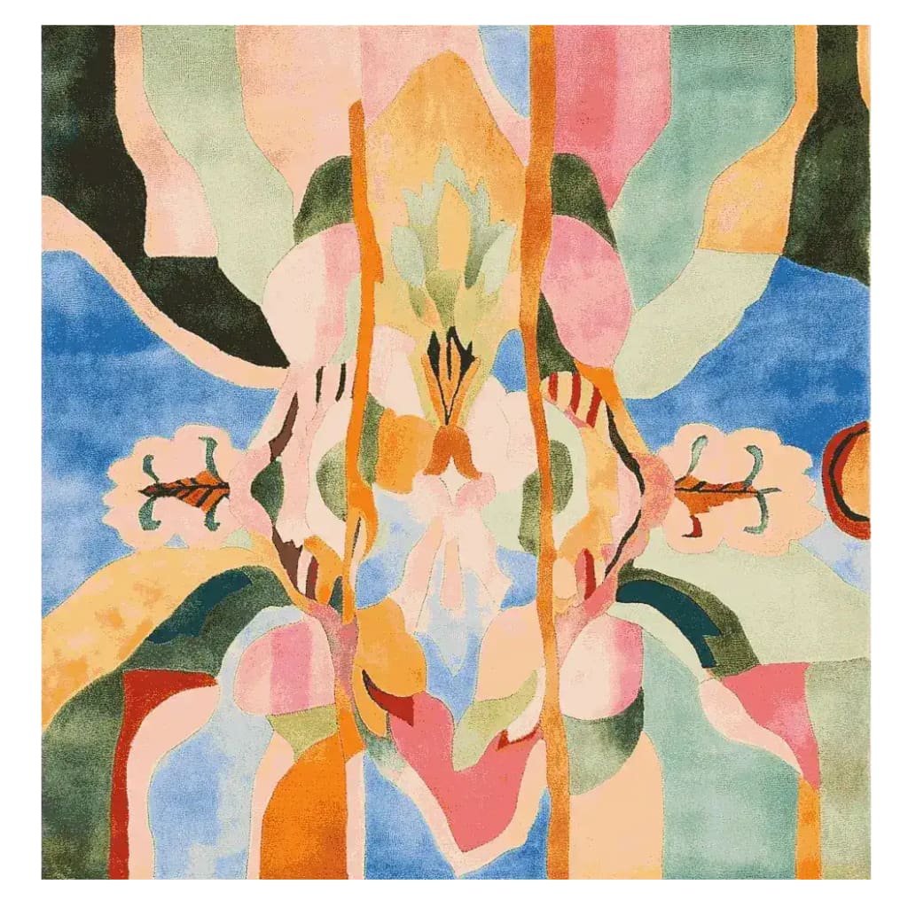 Top view of an Abstract Fusion Hand Tufted Area Rug showcasing vibrant colors and intricate patterns. This square area rug is perfect for adding a contemporary touch to any living room. Made from high-quality wool, it's ideal for large living room spaces, measuring 8x10. The colorful design makes it a standout piece among living room rugs.