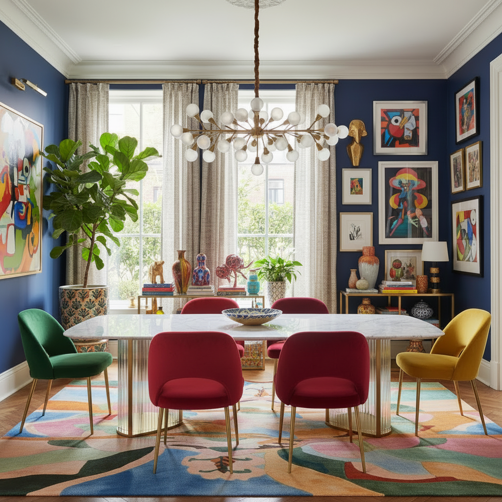 Dining room with colorful chairs, a contemporary hand-tufted wool rug, a large table, and wall art.