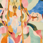 Top view of an Abstract Fusion Hand Tufted Rug showcasing a vibrant, colorful design with organic shapes in shades of blue, pink, orange, and green. This square area rug, perfect for a contemporary setting, is crafted from wool and serves as a large living room rug, ideally sized 8x10, offering a modern touch to any decor.