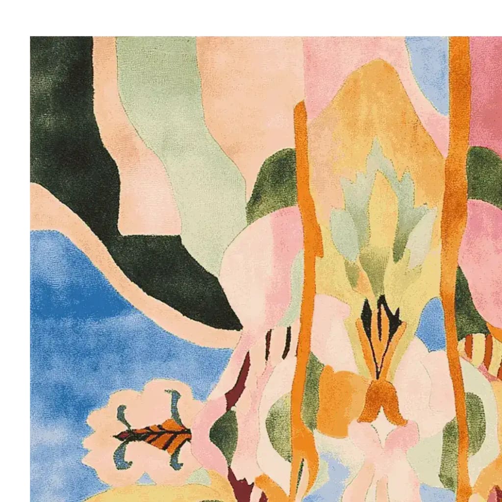 A vibrant Abstract Fusion Hand Tufted Area Rug with a contemporary design featuring a blend of colorful patterns in shades of blue, pink, orange, and green. This square rug is perfect for adding a modern touch to living room spaces, especially in sizes like 8x10. Made from high-quality wool, this large living room rug combines artistry and comfort.