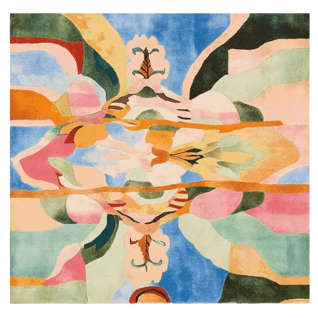 Vibrant abstract fusion hand-tufted area rug featuring a contemporary design with a blend of colorful shapes and patterns. Perfect as a square rug for living rooms, this wool rug measures 8x10 and adds a modern touch to any space.