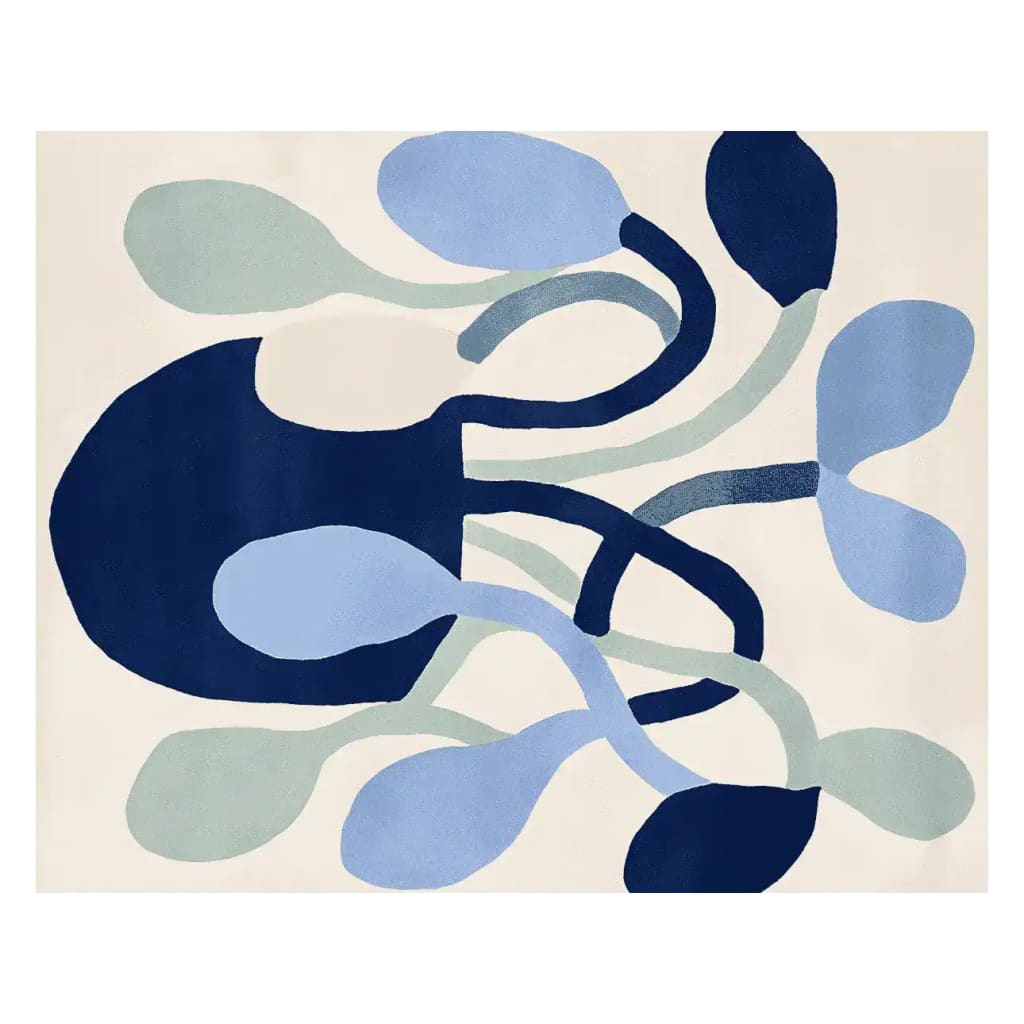 A vibrant Abstract Garden Growth Hand Tufted Area Rug with an artistic design featuring organic shapes in shades of blue and green. Perfect for large living rooms, this contemporary wool rug adds a modern touch to any space, making it an ideal choice for area rugs for living room settings.