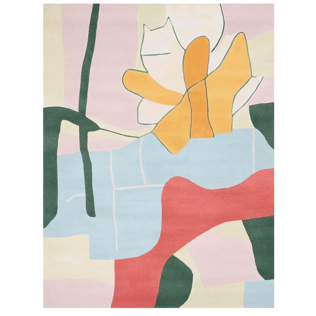 Bright and colorful Abstract Garden Hand Tufted Rug, perfect for adding a contemporary touch to living room area rugs. This wool rug features bold shapes in vibrant hues, ideal for area rugs for living room for a modern aesthetic.