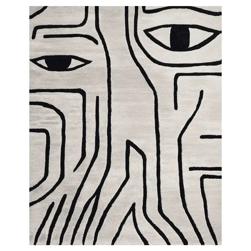 Top view of an abstract gaze hand-tufted area rug, ideal for contemporary living rooms. This wool rug features bold black lines forming eye-catching patterns, perfect for adding a modern touch to your space. Sized 8x10, it's an excellent choice for those seeking stylish living room area rugs.